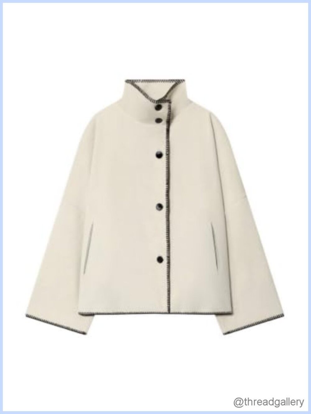 Cropped Wool Blend Pea Coat with Stand Collar & Embroidery